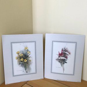 Watercolor Flower Bouquet Art Prints Set of 2 Vintage 80s Rosalind Oesterle 8x10